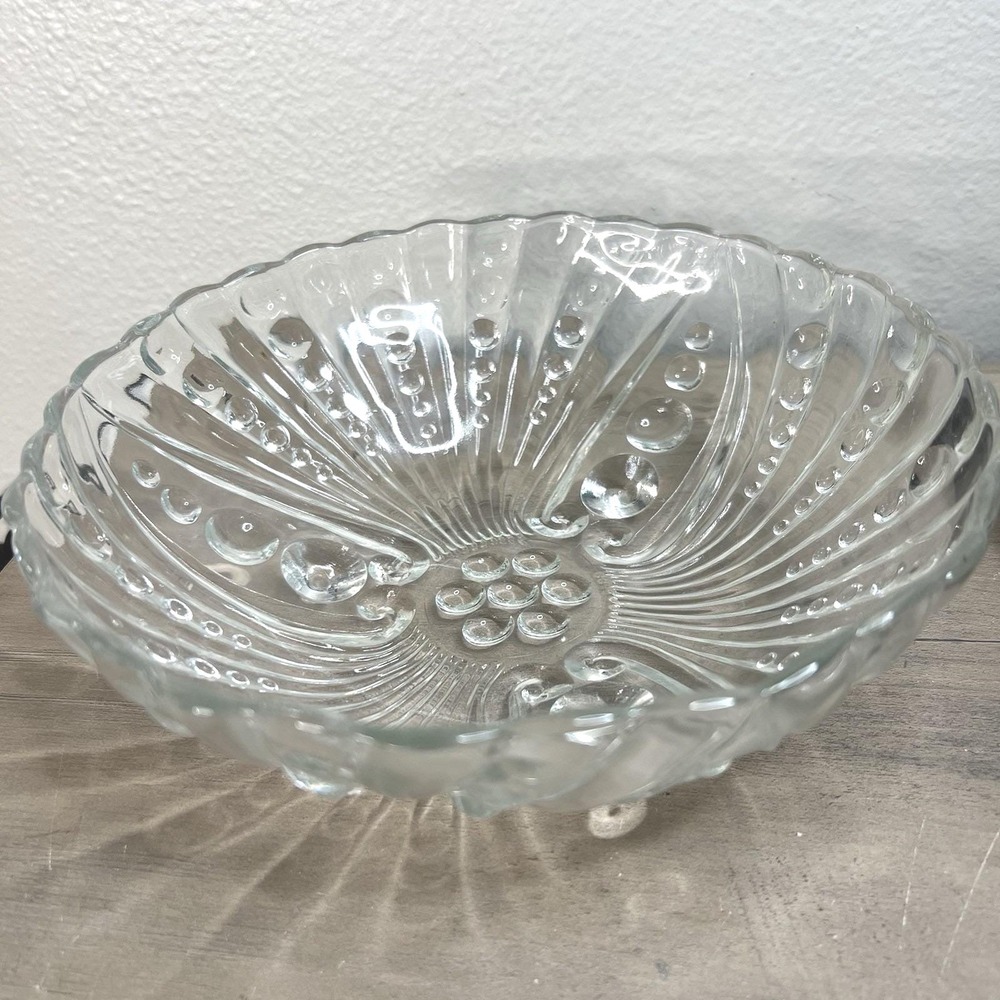 Vintage Anchor Hocking Clear Glass Bubble & Swirl Tri Footed Serving Bowl 8.5"